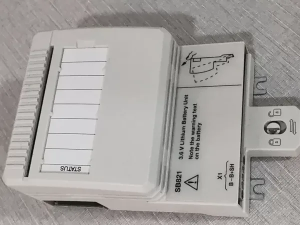 ABB SB821 DIN-rail mounted lithium battery unit with TK821V020 cable for long backup time.