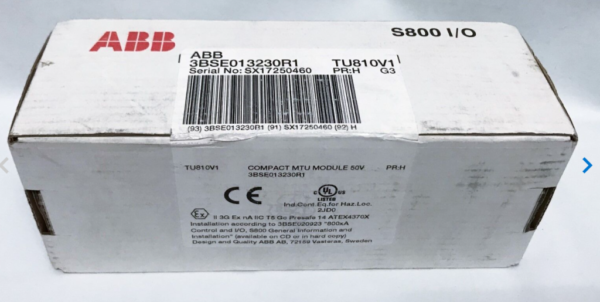 ABB 3BSE013230R1/TU810V1 automation module – top view showing terminal ports and robust housing design.