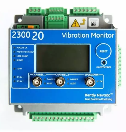 Bently Nevada 2300/20-02 vibration monitor for continuous machinery condition monitoring.